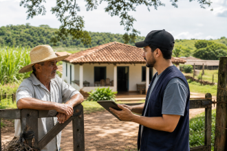 Recenseador do IBGE realizando coleta de informações em propriedade rural brasileira